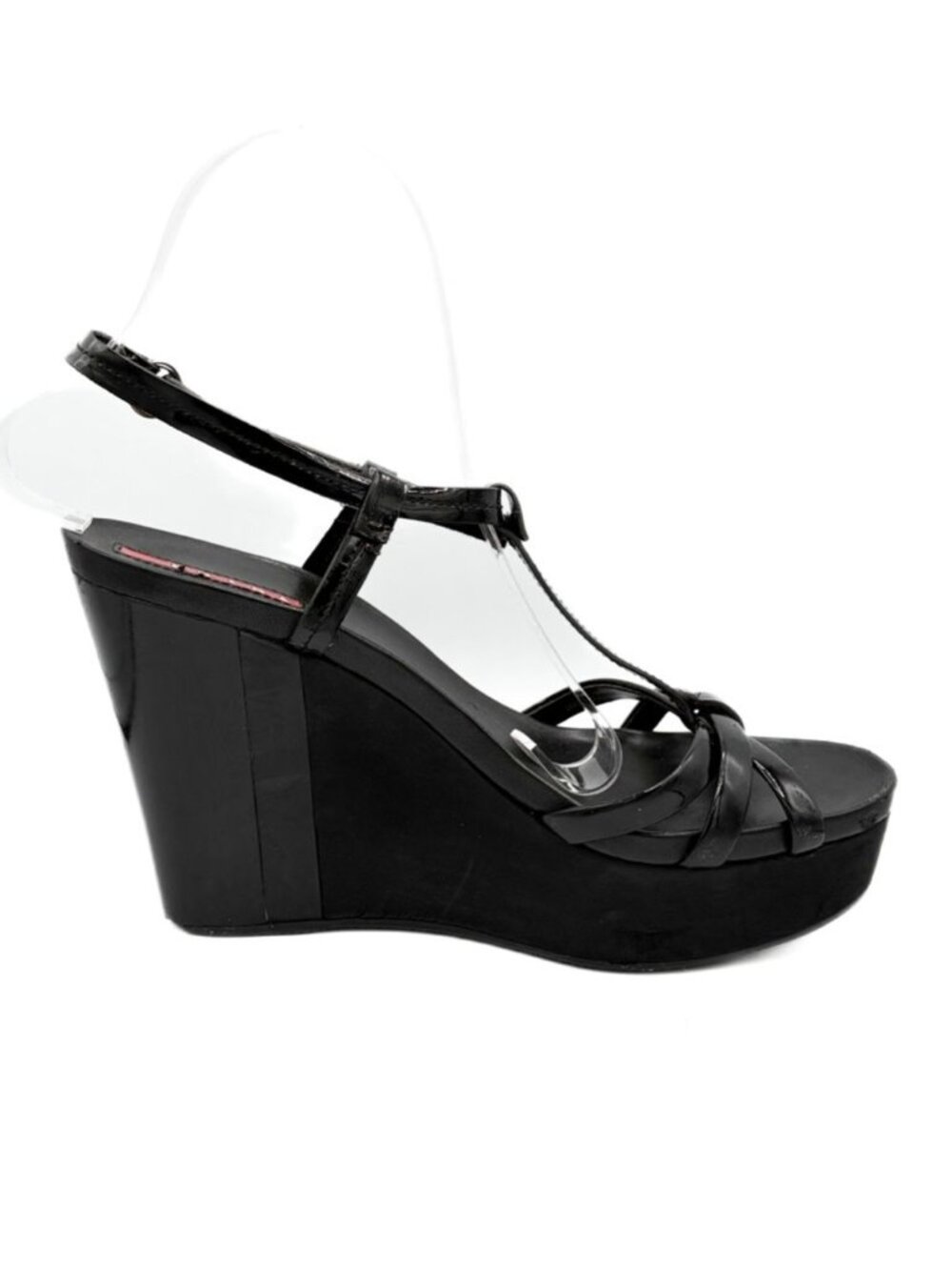 Prada Patent Leather Wedge Sandals Y2K Black T-Strap Platform 38